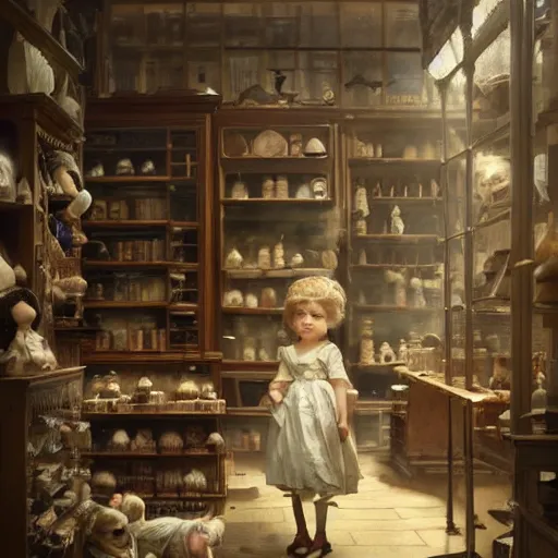 Image similar to human child standing in a victorian doll maker's shop looking at all of the dolls, high detail, digital art, painted by greg rutkowski, painted by seb mckinnon, trending on artstation