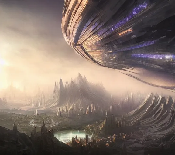 Image similar to vast beautiful epic realistic fantasy landscape with futuristic cities and iridescent crystals