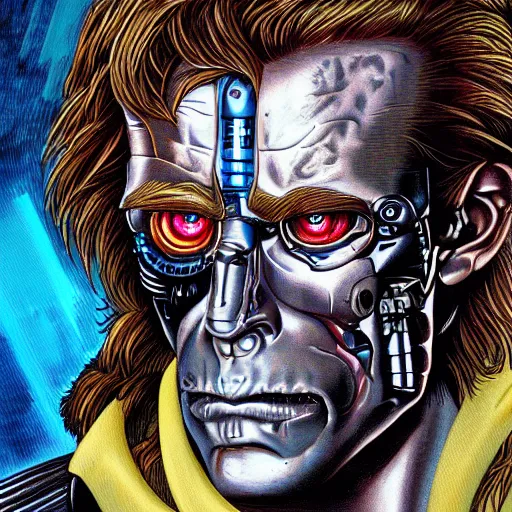 Image similar to close up portrait artwork of man with mullet cyborg eye. From The Terminator 1984. Artwork by Dan Mumford