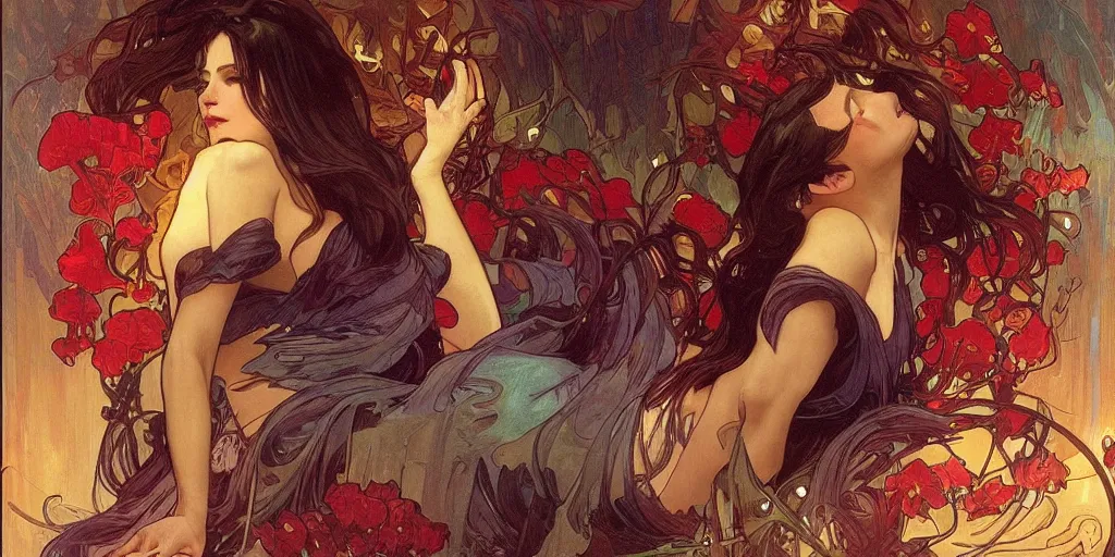 Prompt: Dreamt in 9.15s for @matthew_h_k's !dream arcs of flame, water splashes, shards of mercury, dramatic lighting, secret cypher, red flowers, solar flares, intricate art by artgerm and alphonse mucha and greg rutkowski