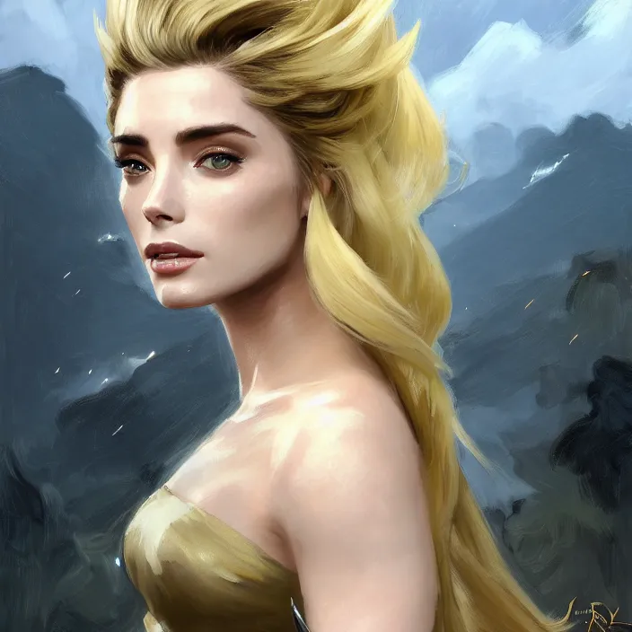 Prompt: portrait of a combination of Ashley Greene, Adriana Dxim, Grace Kelly and Lily Collins with blonde hair wearing Warframe armor, countryside, calm, fantasy character portrait, dynamic pose, above view, sunny day, thunder clouds in the sky, artwork by Jeremy Lipkin and Giuseppe Dangelico Pino and Michael Garmash and Rob Rey and Greg Manchess and Huang Guangjian and Makoto Shinkai, very coherent asymmetrical artwork, sharp edges, perfect face, simple form, 100mm