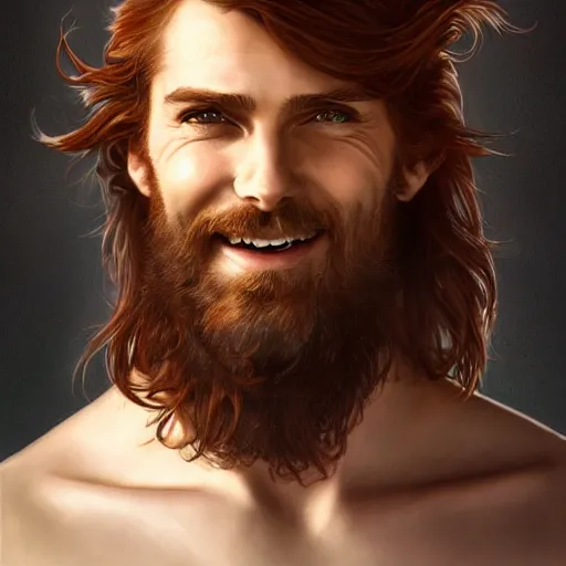 Image similar to portrait of a young ruggedly handsome but joyful pirate, male, masculine, upper body, red hair, long hair, d & d, fantasy, impish smirk, intricate, elegant, highly detailed, digital painting, artstation, concept art, matte, sharp focus, illustration, art by artgerm and greg rutkowski and alphonse mucha