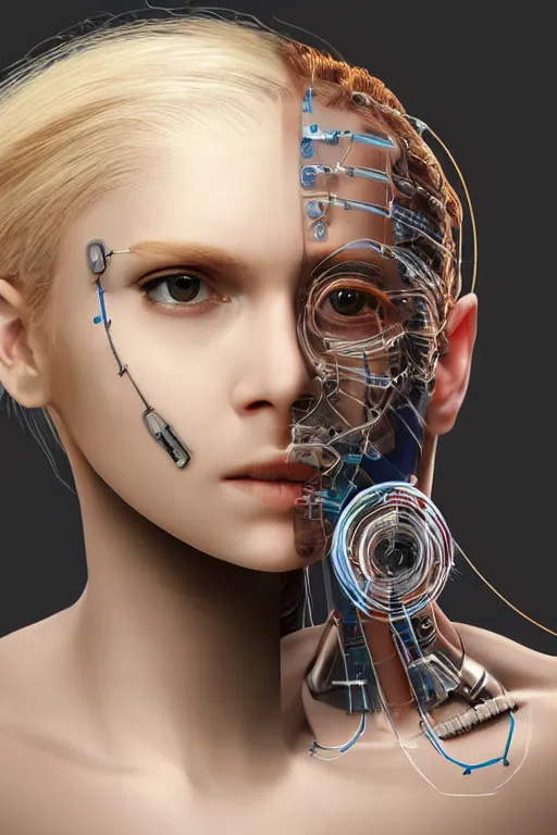 Image similar to robot with human face, female head, full body angle, woman human face, human face realistic, beautiful blonde hair, human head, human head with blonde hair, blonde hair human head, blonde hair, human realistic face, human head skin, cyborg frame concept, cyborg by ales-kotnik, sci-fi android female, the body is made of wires, robotic body, cyborg body, cyborg bust body, robot body cyborg, full body