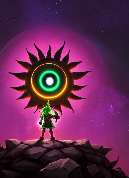 Image similar to majora\'s mask evil moon looking at link maniacally, night sky, starry night, legend of zelda, dramatic lighting, cinematic, film, dynamic pose,  movie scene, colorful, dark, concept, 8K, actor as role, octane render, visionary, artstation,neon lighting, intense shadows, legend of zelda link staring at the moon, insanely detailed octane render, 8k film photography, photorealistic,