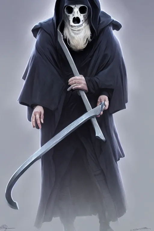 Image similar to Boris Johnson as Grim Reaper in a hood with a scythe, highly detailed, visible face, digital painting, artstation, concept art, smooth, sharp focus, illustration, cinematic lighting, art by artgerm and greg rutkowski and alphonse mucha