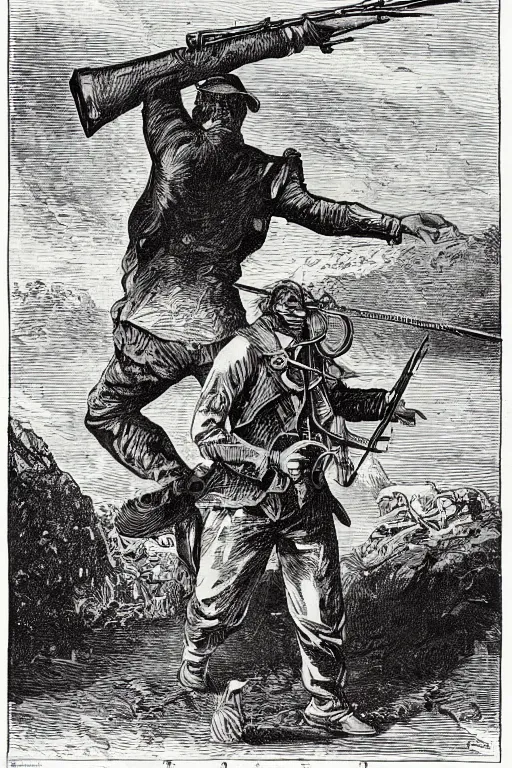 Image similar to 19th century wood-engraving of a British man point a musket at the back standing with his back turned to the viewer, mammoth running away in the background, whole page illustration from Jules Verne book, art by Édouard Riou Jules Férat and Henri de Montaut, high quality, beautiful, removed watermarks