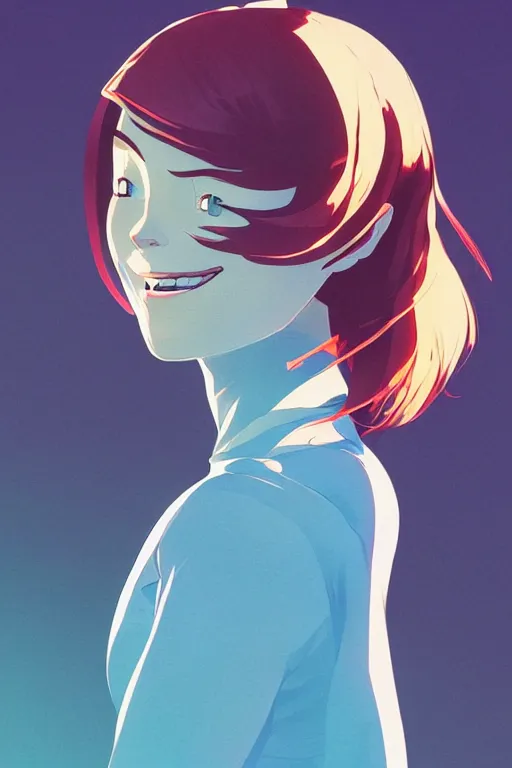 Image similar to clean cel shaded vector art concept art of curvacious redhead cyborg woman softly smiling at camera wearing 👖 and 👕 illustration by lois van baarle, artgerm, helen huang, by makoto shinkai and ilya kuvshinov, rossdraws, illustration, art by ilya kuvshinov