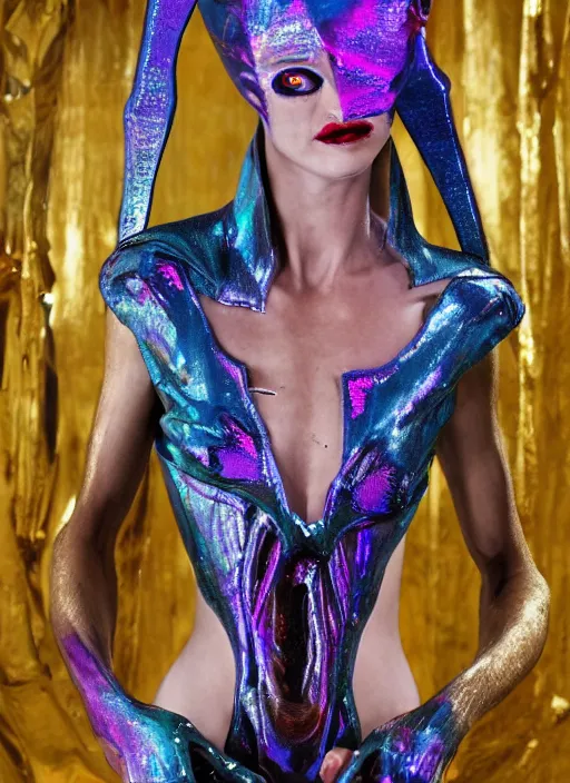 Prompt: an alien woman with iridescent shark skin, pirate weapons, by van herpen, iris