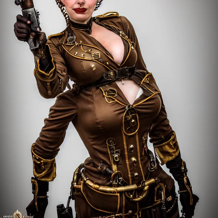 Prompt: full length portrait photograph of a real-life beautiful woman steampunk soldier. Extremely detailed. 8k