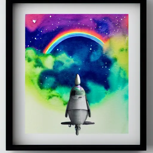 Image similar to low - angel view from 1 0 0 0 meters distance, cute uap interstellar vehicle on top of an ephemeral rainbow in the sky, muted watercolor. minimalist, detailed, heavy under paint, muted colors. ue 5