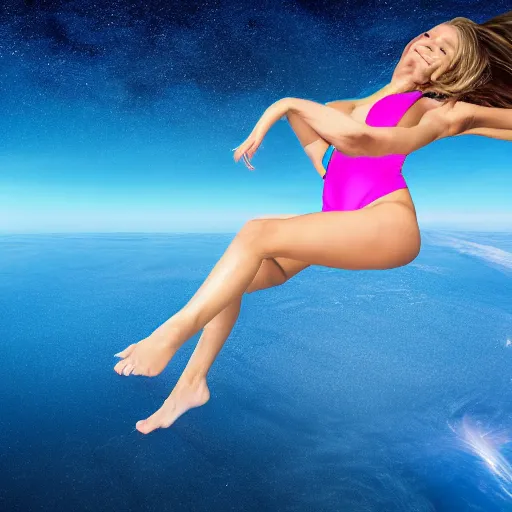 Prompt: 4 k photo of girl in bikini flying in space, background in space