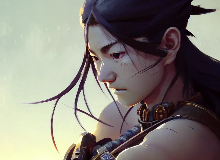 Image similar to a film still portrait of a warrior woman, finely detailed features, closeup at the face, sharp focus, perfect art, at lush forest background, cinematic lighting, intricate, anime!! gapmoe grimdark, artstation, trending on pixiv fanbox, painted by greg rutkowski makoto shinkai takashi takeuchi studio ghibli, akihiko yoshida