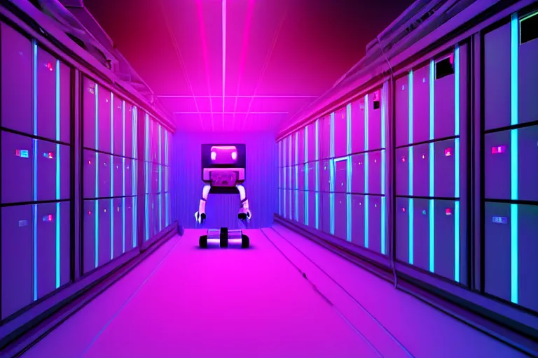 Image similar to realistic robot in a data server room, neon and dark, purple and blue color scheme, by dan mumford and malevich, beeple, fusion 3 d art