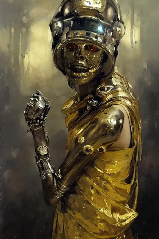 Prompt: beautiful expressive oil painting portrait of ancient god queen, silver exoskeleton, with a gold skull mask, cyberpunk, alien semiotic symbols, art by anders zorn, wonderful masterpiece by greg rutkowski, beautiful cinematic light, american romanticism by greg manchess, jessica rossier