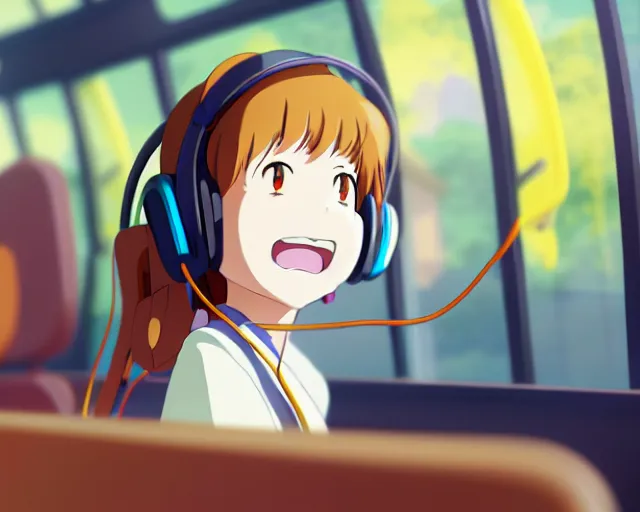 Image similar to anime fine details portrait of joyful girl in headphones in school bus, bokeh. anime masterpiece by Studio Ghibli. 8k render, sharp high quality anime illustration in style of Ghibli, artstation