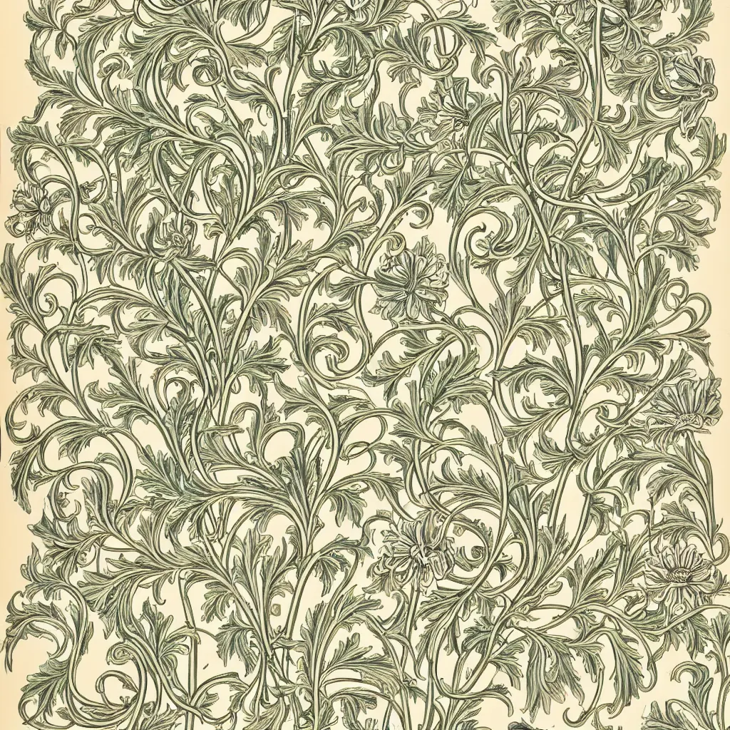 Prompt: a perfectly repeating ornate flower pattern, highly detailed by Walter Crane