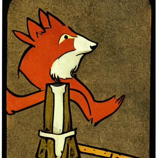 Image similar to anthropomorphic fox who is a medieval knight holding a sword towards a stormy thundercloud, 1 9 3 0 s film still