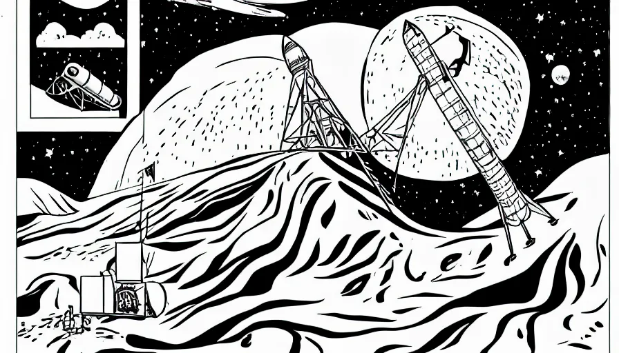 Image similar to travel to the moon with a rocket, style of graphic novel the sandmarn, black outline, on white, smooth, sharp lines, detailed