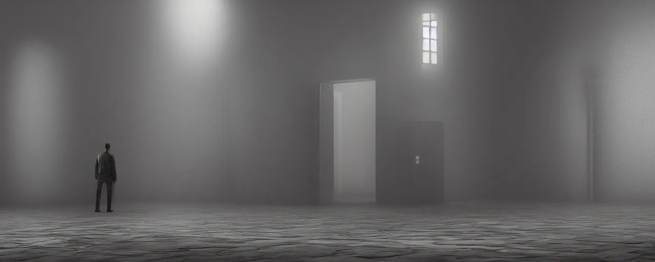 Prompt: a man standing front of a huge door opening, foggy, concept art, 8 k detailed, wide lens