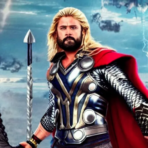 Image similar to film still of rocking star yash as thor in thor ragnarok