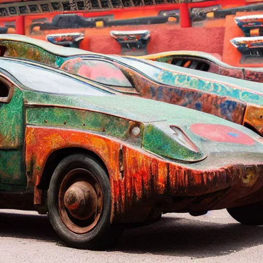 Image similar to A High quality award winning photo of a car with the bodywork painted with a ancient chine art style of the beatles, ancient china art style, car paint, ancient china style of the beatles, car paint