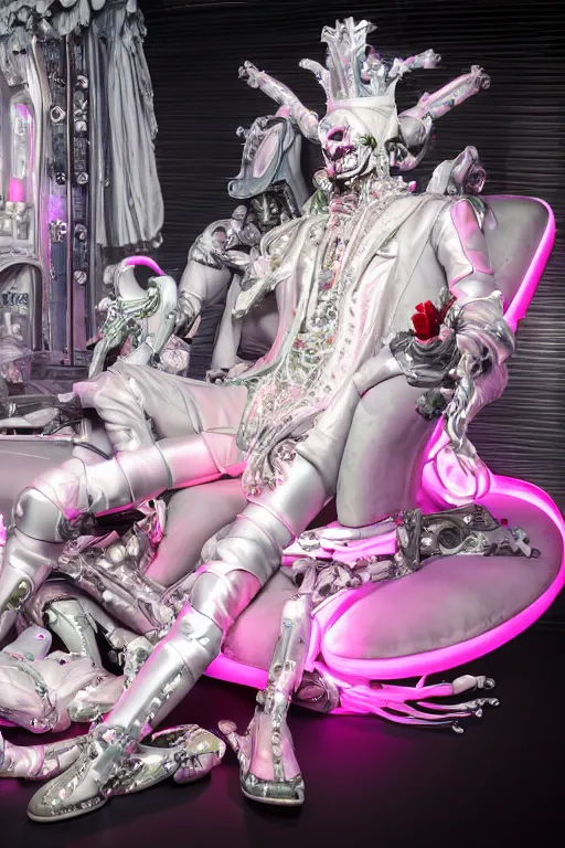 Prompt: full-body rococo and cyberpunk style neon statue of a muscular attractive Joe Jonas macho dotado e rico android sim roupa reclining con las piernas abertas e la piroca dura, glowing white laser eyes, prince crown of pink gears, diamonds, swirling silver-colored silk fabric. futuristic elements. full-length view. space robots. human skulls. intricate artwork by caravaggio. Trending on artstation, octane render, cinematic lighting from the right, hyper realism, octane render, 8k, depth of field, 3D