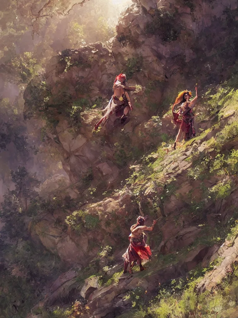 Image similar to oil art of young roma mage adventurer climbing down a cliffside in style of disco elysium character, gipsy jester character design from ravenloft, art by anders zorn, wonderful masterpiece by greg rutkowski, beautiful cinematic light, american romanticism by greg manchess, jessica rossier