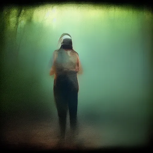 Image similar to thin little girl in a swamp wearing old gas mask. Water to her knees. Bayou. Dark Green forest. Late afternoon. Foggy. Fireflies fly around