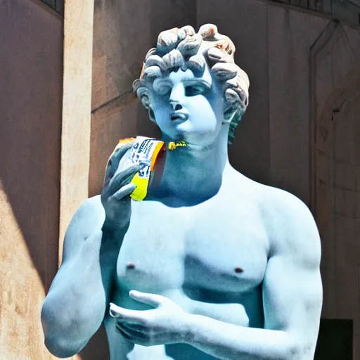 Prompt: a greek statue drinking fiji water, vaporwave background