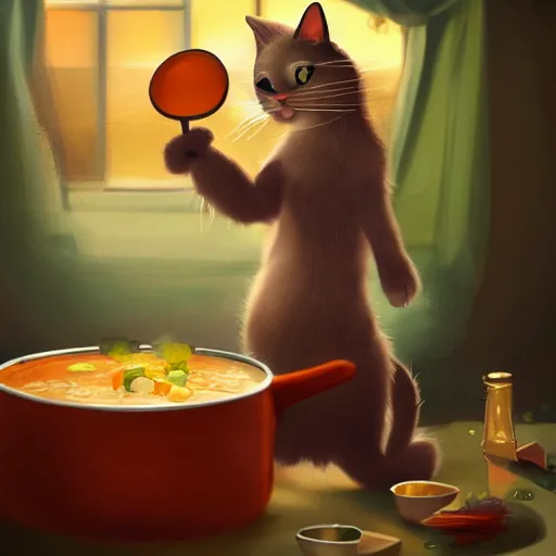 Image similar to a cat cooking soup, stirring a pot with a ladle and cutting vegetables, fantasy illustration, trending on artstation, deviantart, very realistic, 4k