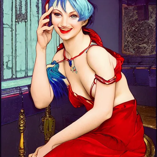 Prompt: a smiling happy beautiful barmaid with short blue hair wearing a red satin dress in a rustic saloon, beautiful sparkling blue eyes, caucasian, fantasy, intricate and very beautiful and elegant, highly detailed, digital painting, artstation, concept art, smooth and sharp focus, illustration, art by tan zi and artgerm and alphonse mucha and peter mohrbacher