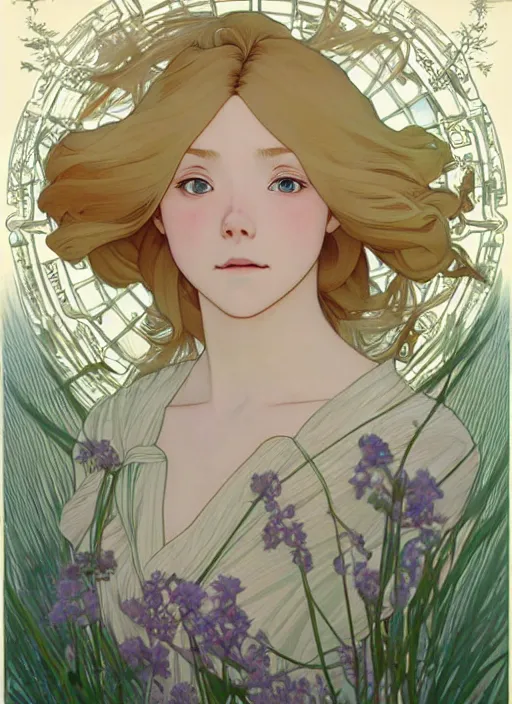 Image similar to pretty young man with shoulder length blond hair, half body shot, path traced, highly detailed, high quality, digital painting, by studio ghibli and alphonse mucha, leesha hannigan, hidari, disney, art nouveau, chiho aoshima