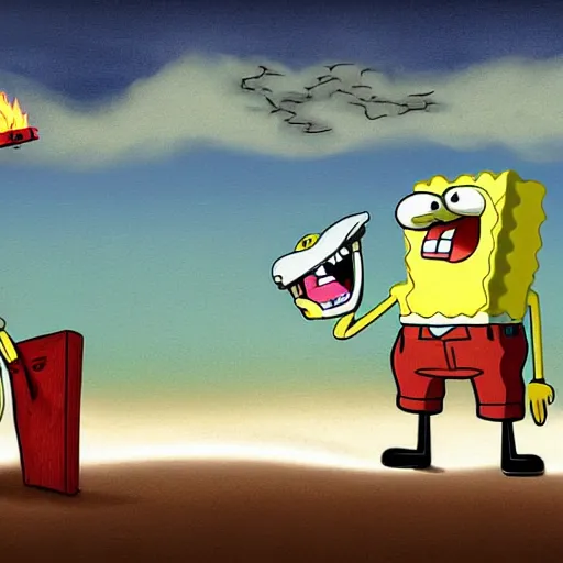 Image similar to a gloomy digital painting of spongebob and patrick standing on beach looking out at explosions, d-day, smoke, fire, detailed, bleak, weary, dark,