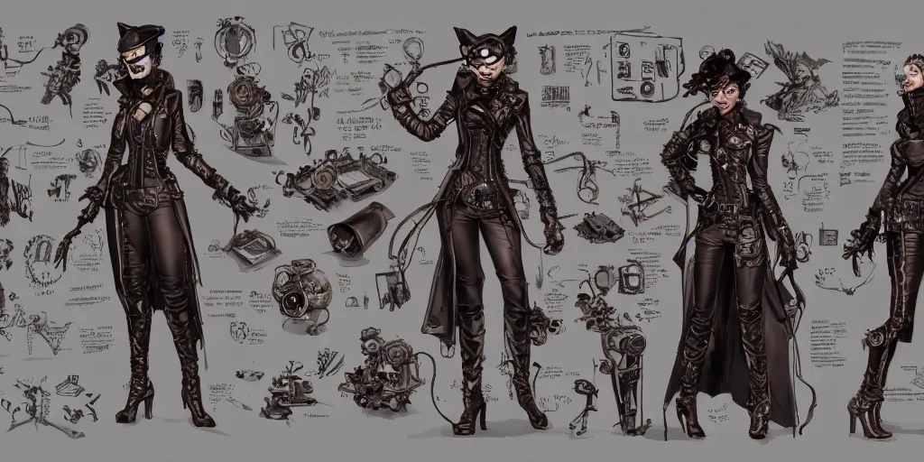 Image similar to steampunk catwoman, character sheet, concept design, contrast, kim jung gi, greg rutkowski, zabrocki, karlkka, jayison devadas, trending on artstation, 8 k, ultra wide angle, pincushion lens effect