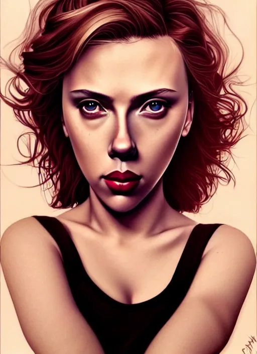 Prompt: full body gorgeous Scarlett Johansson, realistic character concept, full body pose, arm tattoos, autumn, makeup, shorter neck, illustration, symmetrical eyes and body, cinematic lighting, detailed realistic symmetrical eyes, artgerm, Joshua Middleton, single face, insanely detailed and intricate, beautiful