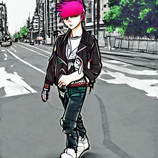 Prompt: a boy is wearing a punk outfit, he is walking in the middle of the street, anime art, elegant, smooth, hd