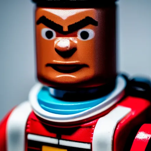 Image similar to closeup shot of lego astronaut that looks kind of like 2 1 savage ( eos 5 ds r, iso 1 0 0, f / 8, 1 / 1 2 5, 8 4 mm, postprocessed, bokeh )