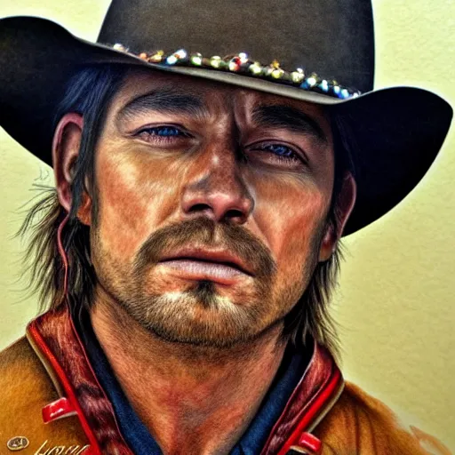 Image similar to Intricate five star Cowboy facial portrait by Monica Lee, Colored pencil on paper, high detail, skin texture, photo realistic, hyperrealism,matte finish, high contrast, 3d depth, masterpiece, vivid colors, artstationhd