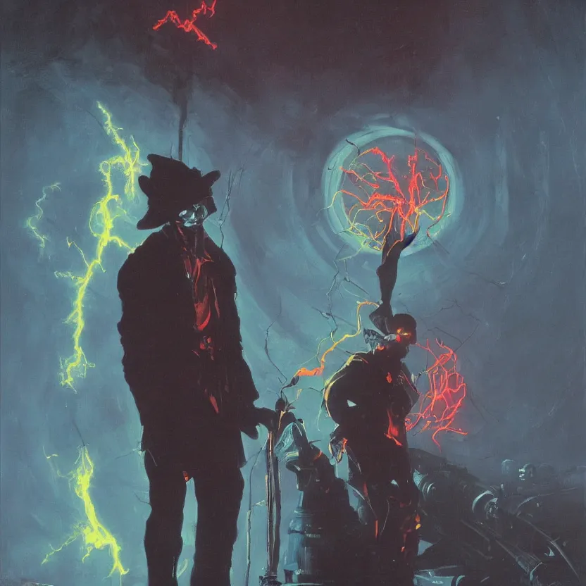 Image similar to a dark and colorful portrait of a silhouetted sci - fi wizard opening floodgates. glowing fog in the background. highly detailed science fiction painting by norman rockwell, frank frazetta, and syd mead. rich colors, high contrast, gloomy atmosphere, dark background. trending on artstation