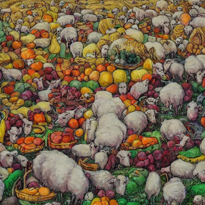Prompt: several dead sheep, a pile of gigantic fruit, naivistic art, story book illustration, expressive, expressionistic, outsider art, colorful, schizophrenic, paranoid