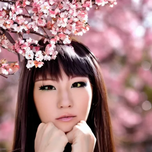 Prompt: Face of a Pretty japanese gyaru with Sakura tree blooming on background