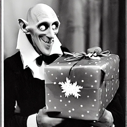 Image similar to adorable count orlok opening presents on christmas, vintage photograph, 4 k