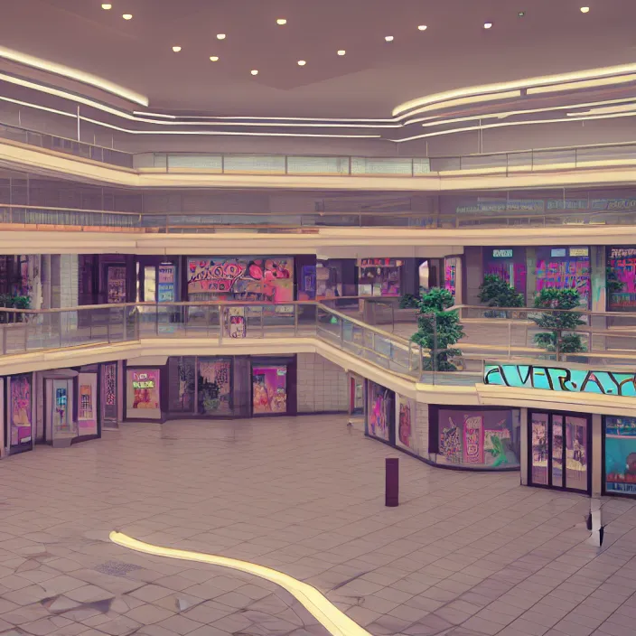 Image similar to vaporwave 7 0 s dreamy empty empty shopping mall, highly detailed, 3 d render, vray, octane, realistic lighting, photorealistic