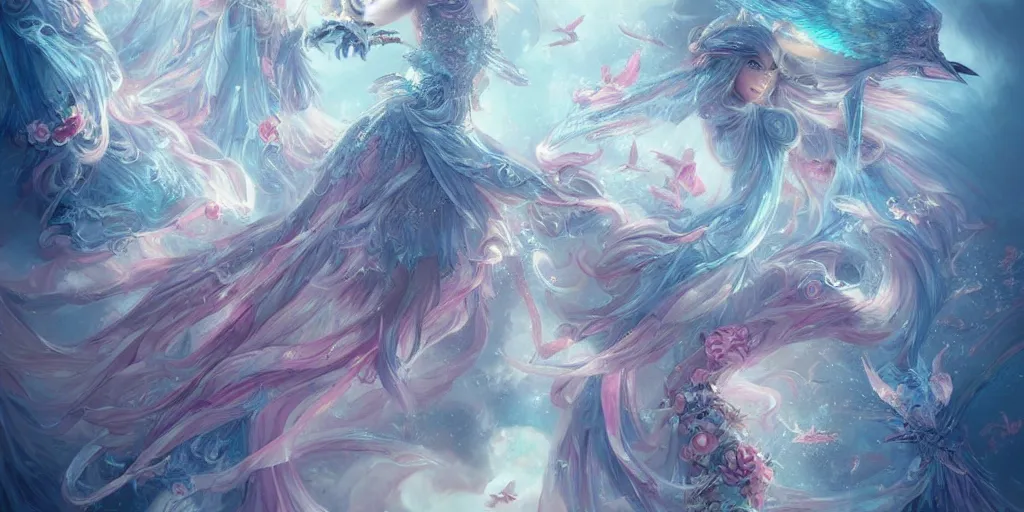 Prompt: A flock of birds transforming into a beautiful princess by ross tran, hyper-detailed, intricate, wide angle, beautiful, fantasy, concept art