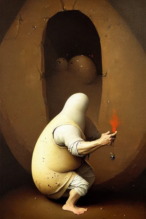 Image similar to hieronymus bosch greg rutkowski, oil painting of humpty dumpty, round head