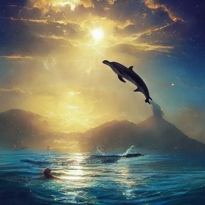 Image similar to dolphin swimming, golden hour, god rays, by artgerm and ismail inceoglu and greg olsen, palm trees, cosmos, milky way galaxy, masterpiece, beautiful, intricate, elegant, highly detailed