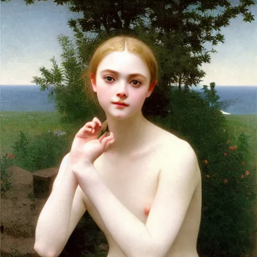 Prompt: A masterpiece head and shoulders portrait of Elle Fanning by William Adolphe Bouguereau and Makoto Shinkai