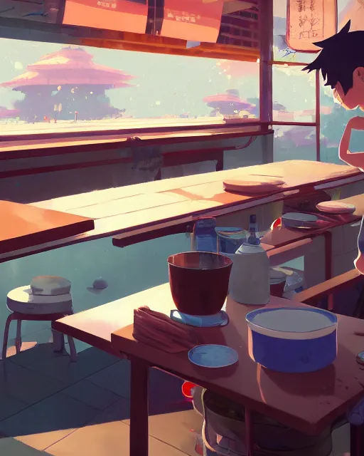 Prompt: a man cleaning the table in his ramen shop, cory loftis, james gilleard, atey ghailan, makoto shinkai, goro fujita, studio ghibli, rim light, exquisite lighting, clear focus, very coherent, plain background, soft painting