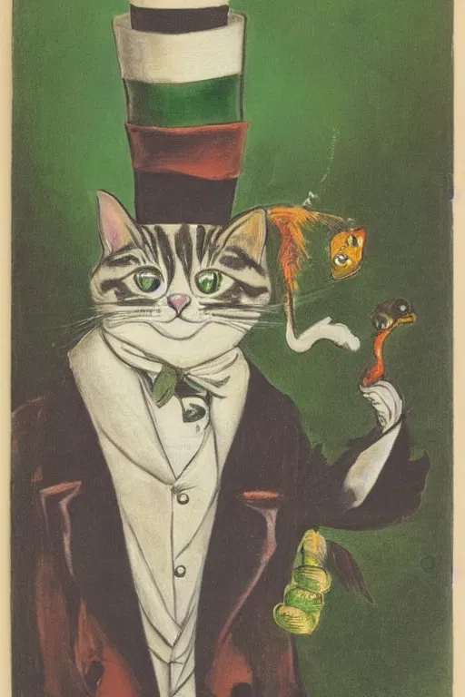 Image similar to 3 / 4 portrait of a cat wearing a top hat and a green three piece suit with a fish in its mouth, by louis wain and david tibet