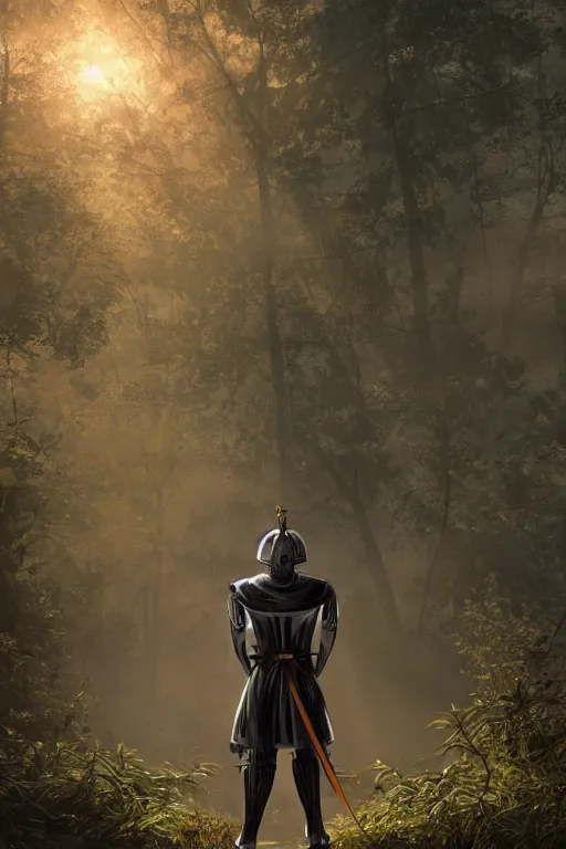 Prompt: a templar knight standing in a forest near a river at sunset, anatomically correct, hyperrealistic, concept art, octane render, unreal engine 5, trending on Artstation, high quality, 8K, highly detailed, symmetrical, five fingers, path tracing, soft lighting